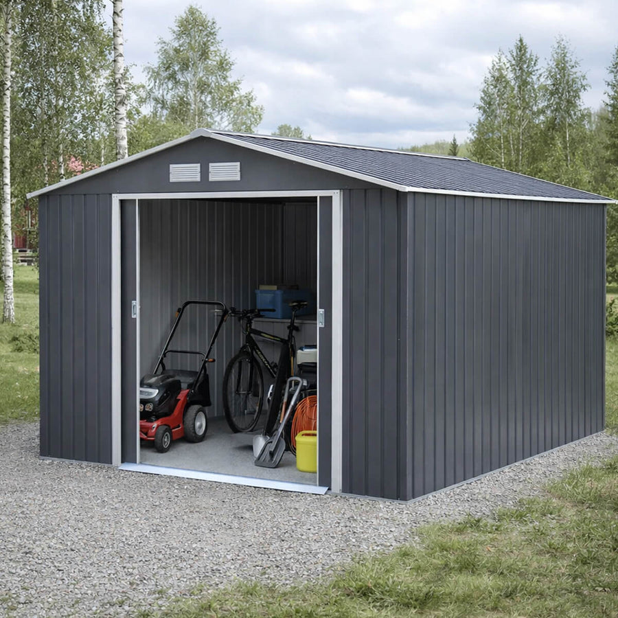 Trädgårdsskjul 8,8 m² – galvaniserat stål, 96 x 154 cm skjutdörrar, sockel