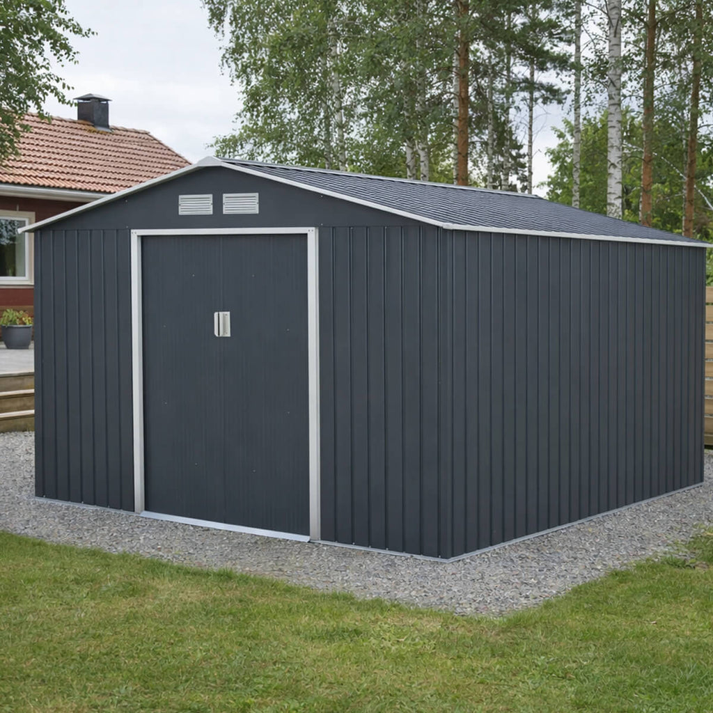 Pihavaja 8,8 m² – galvanoitu teräs, 96 x 154 cm liukuovet, sokkeli