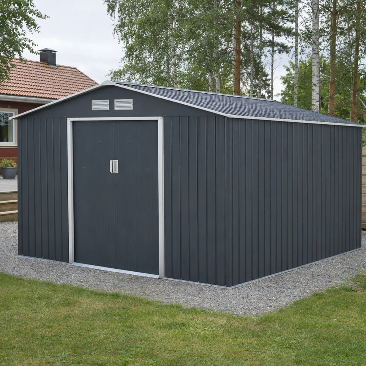 Trädgårdsskjul 8,8 m² – galvaniserat stål, 96 x 154 cm skjutdörrar, sockel