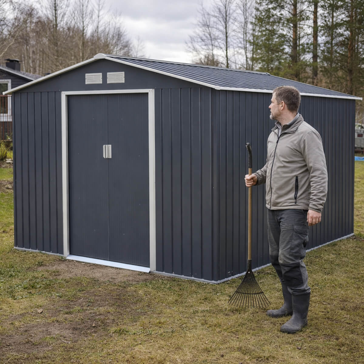Trädgårdsskjul 8,8 m² – galvaniserat stål, 96 x 154 cm skjutdörrar, sockel