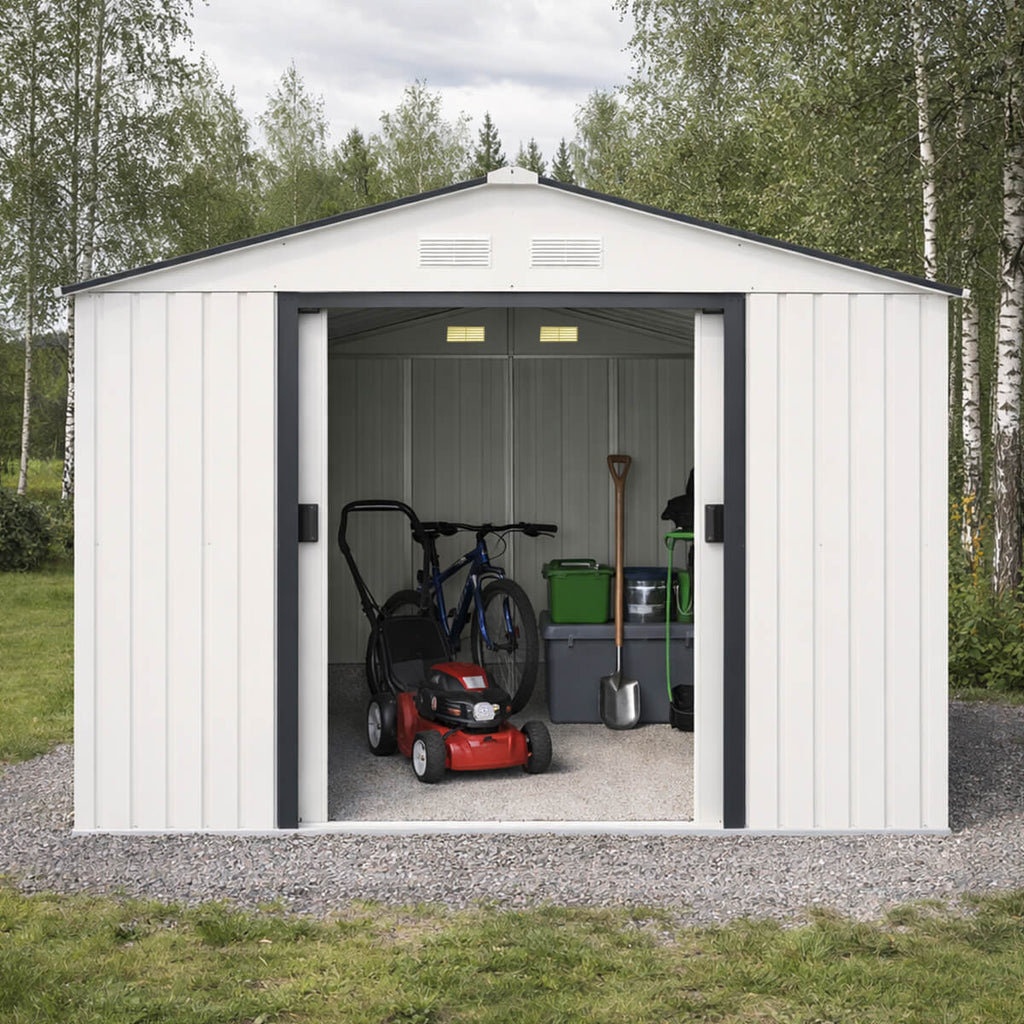 Trädgårdsskjul 8,8 m² – galvaniserat stål, skjutdörrar, sockel ingår