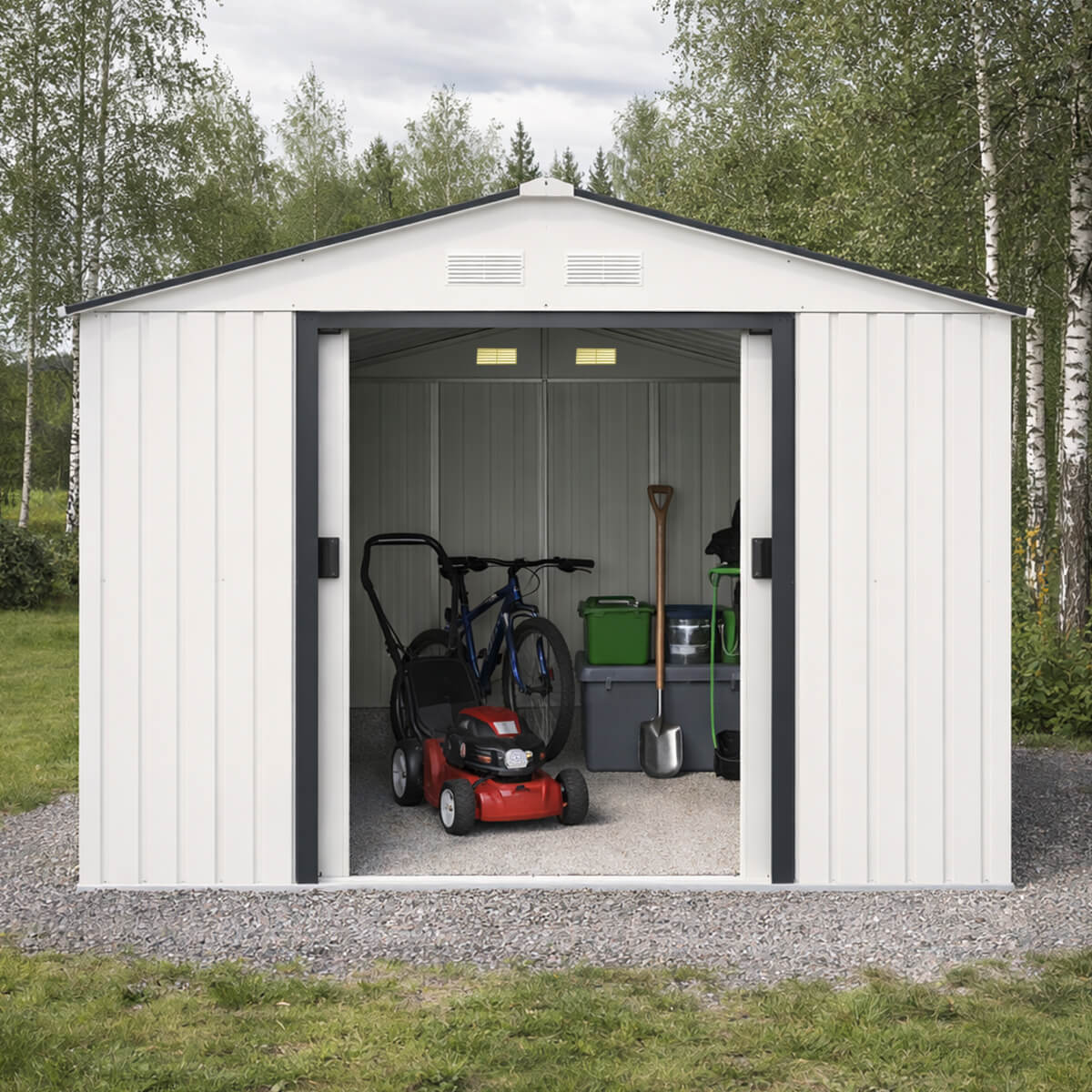 Pihavaja 8,8 m² – sinkitty teräs, liukuovet, sokkeli mukana