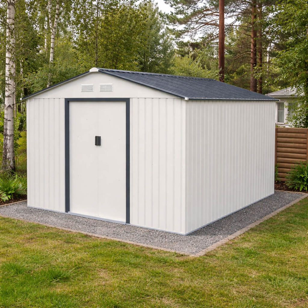 Trädgårdsskjul 8,8 m² – galvaniserat stål, skjutdörrar, sockel ingår
