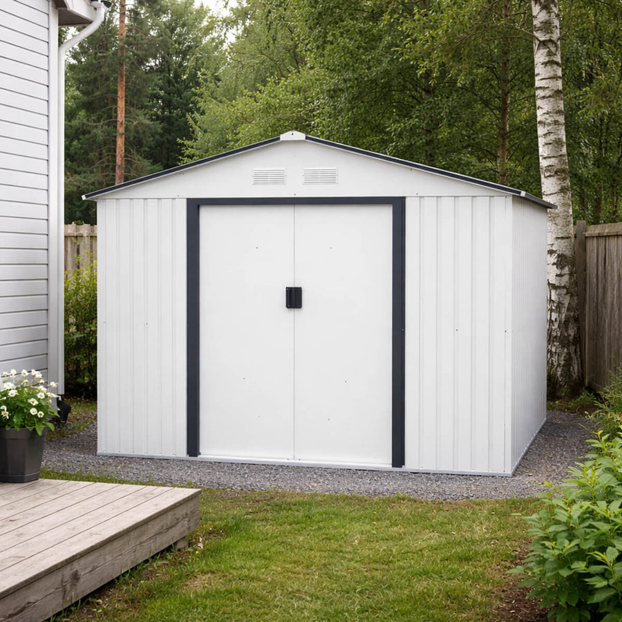 Trädgårdsskjul 8,8 m² – galvaniserat stål, skjutdörrar, sockel ingår