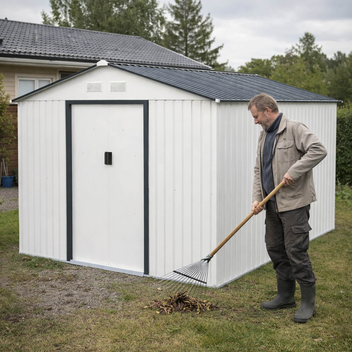 Pihavaja 8,8 m² – sinkitty teräs, liukuovet, sokkeli mukana