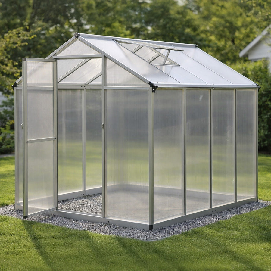 Kasvihuone 4,6 m² – 4 mm kennolevyt, alumiinirunko, sokkeli ja rännit