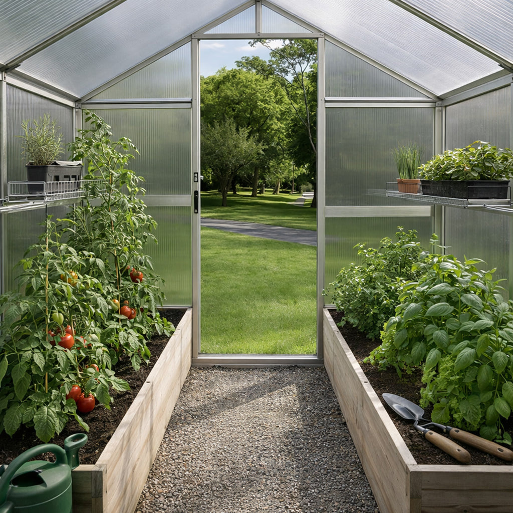 Växthus 4,6 m² – 4 mm cellplåt, aluminiumram, sockel och rännor