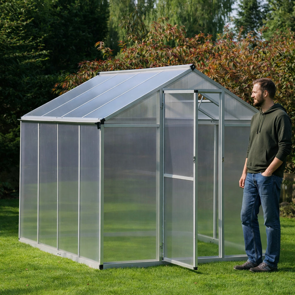 Växthus 4,6 m² – 4 mm cellplåt, aluminiumram, sockel och rännor
