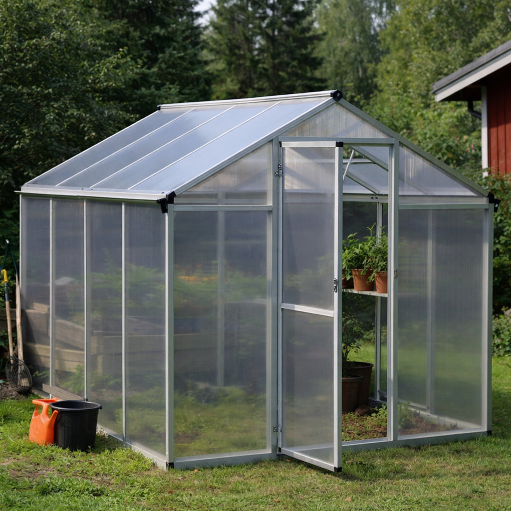 Växthus 4,6 m² – 4 mm cellplåt, aluminiumram, sockel och rännor