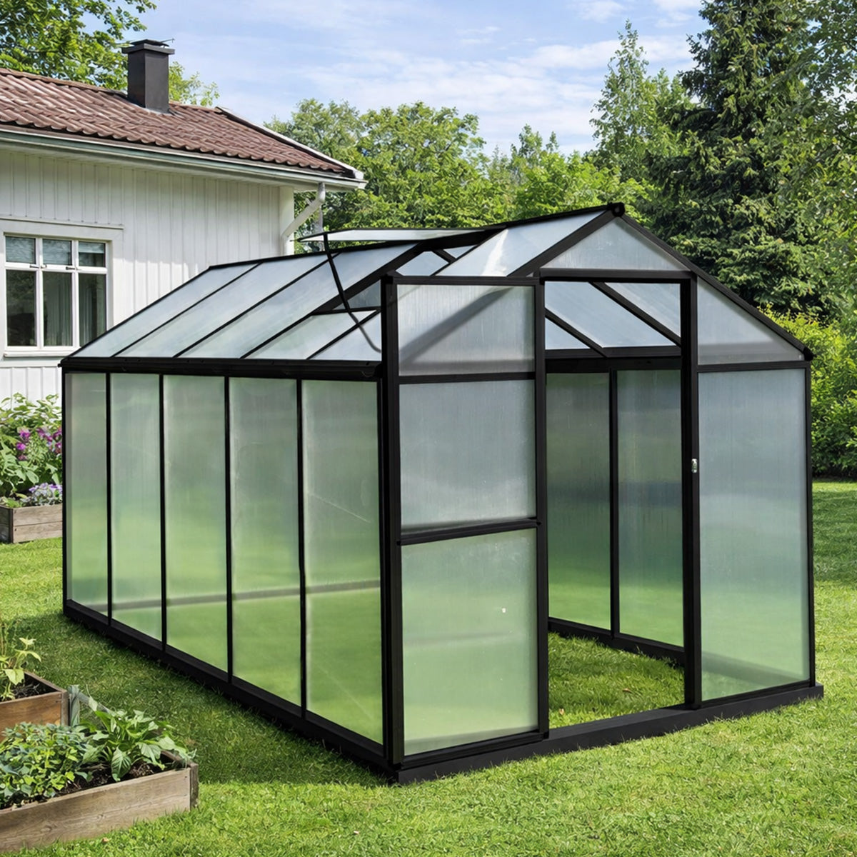 Pohjola Garden Kasvihuone 5,4m2 + Sokkeli & Rännit, Extra kestävä 600g/m2 kennolevy, musta