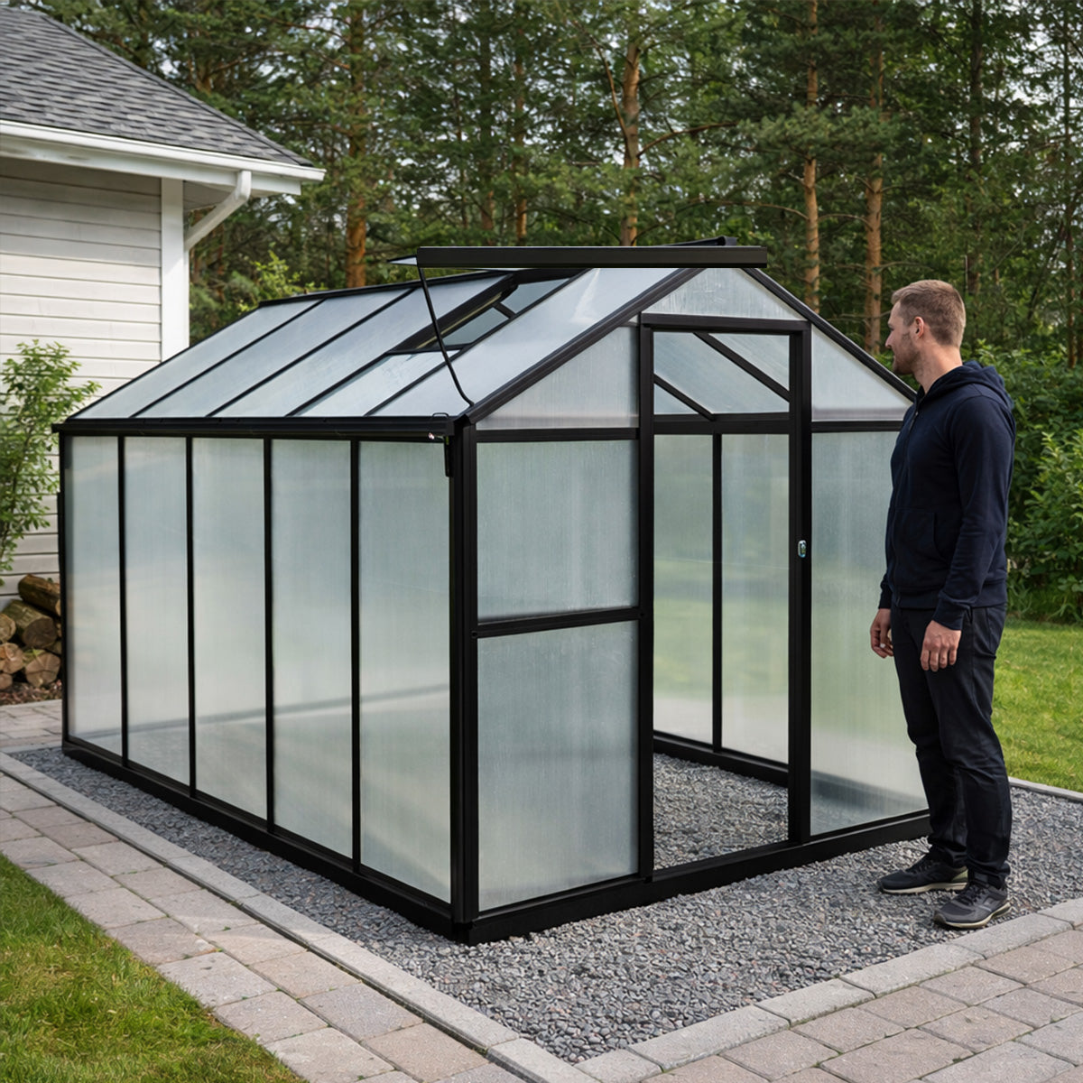 Pohjola Garden Kasvihuone 5,4m2 + Sokkeli & Rännit, Extra kestävä 600g/m2 kennolevy, musta