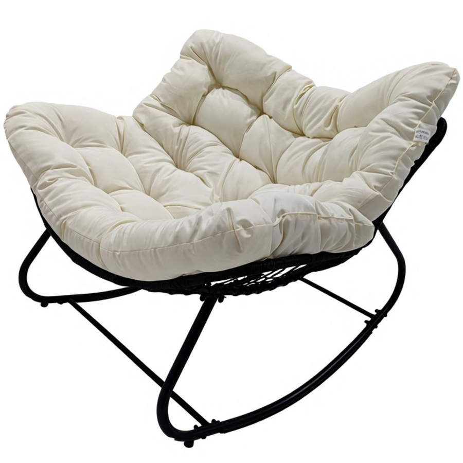 Keinutuoli 100 x 100 x 78 cm – polyrottinki, 12 cm pehmuste, teräsrunko, musta/beige