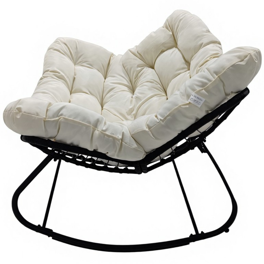 Keinutuoli 100 x 100 x 78 cm – polyrottinki, 12 cm pehmuste, teräsrunko, musta/beige