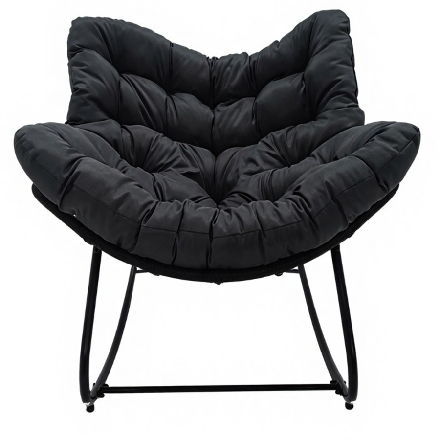 Keinutuoli 100 x 100 x 78 cm – polyrottinki, 12 cm pehmuste, teräsrunko, musta/harmaa