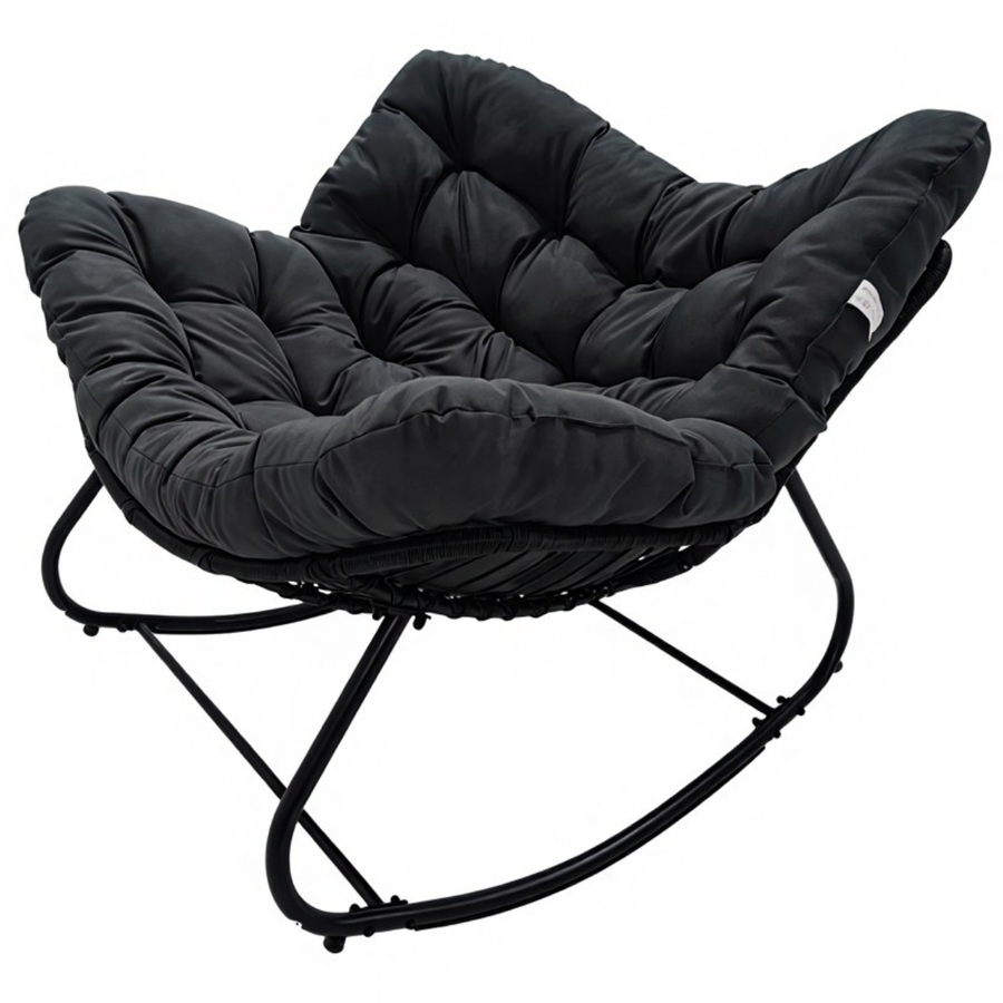 Keinutuoli 100 x 100 x 78 cm – polyrottinki, 12 cm pehmuste, teräsrunko, musta/harmaa