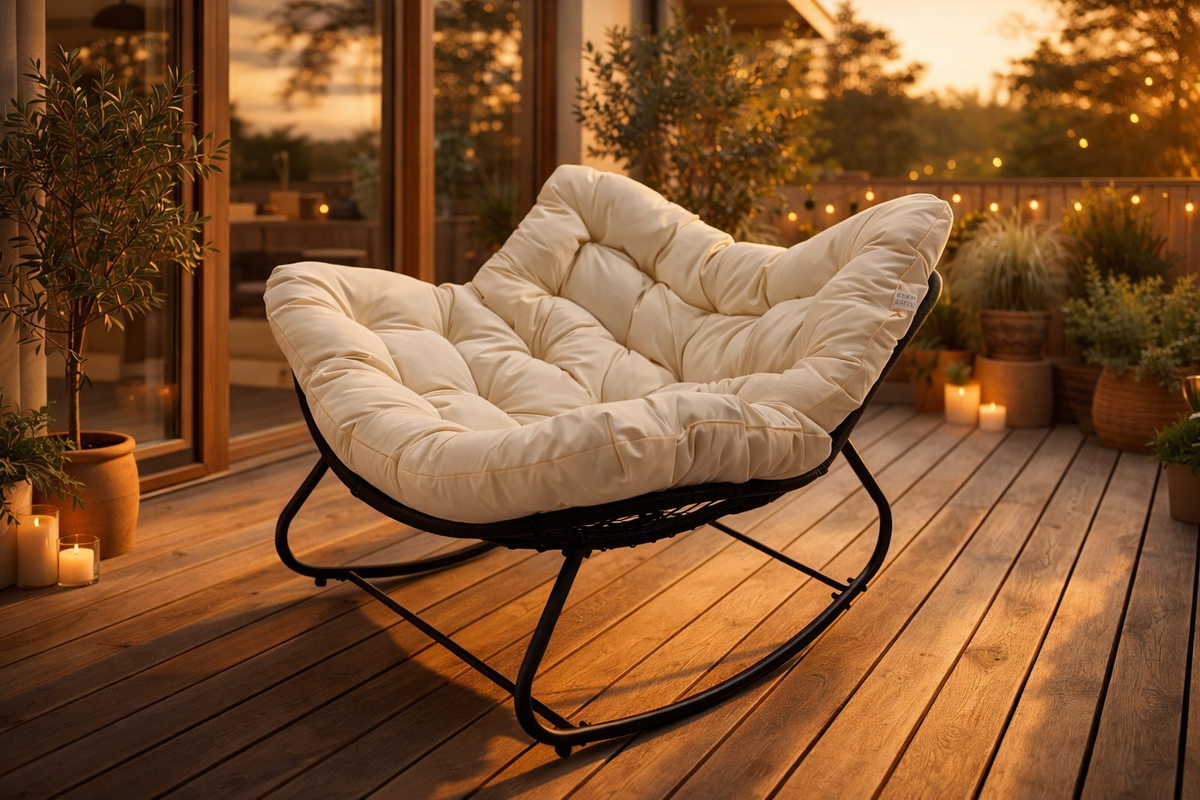 Keinutuoli 100 x 100 x 78 cm – polyrottinki, 12 cm pehmuste, teräsrunko, musta/beige
