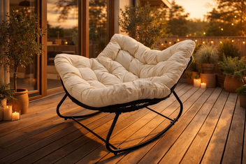 Keinutuoli 100 x 100 x 78 cm – polyrottinki, 12 cm pehmuste, teräsrunko, musta/beige