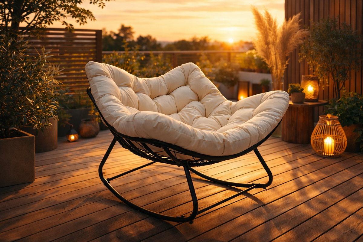 Keinutuoli 100 x 100 x 78 cm – polyrottinki, 12 cm pehmuste, teräsrunko, musta/beige