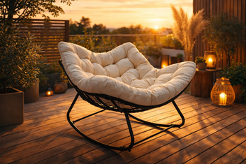 Keinutuoli 100 x 100 x 78 cm – polyrottinki, 12 cm pehmuste, teräsrunko, musta/beige