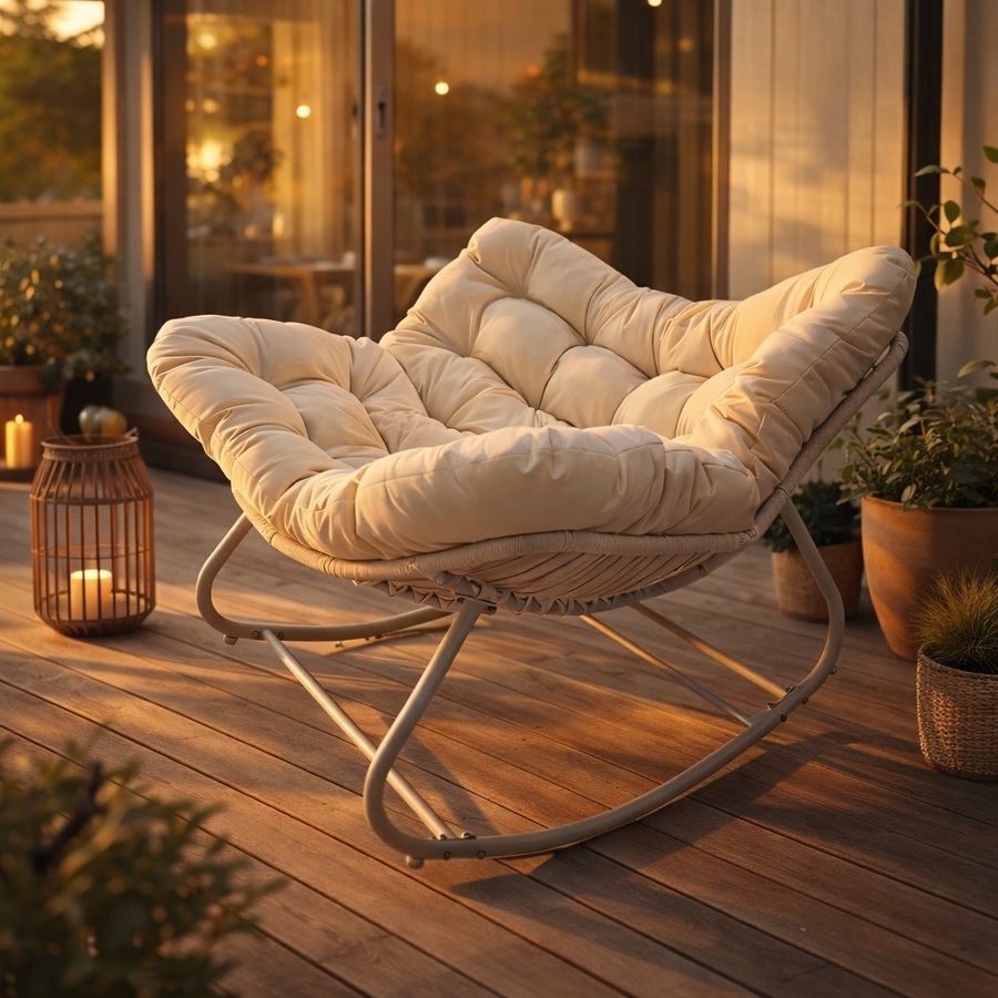 Keinutuoli 100 x 100 x 78 cm – polyrottinki, 12 cm pehmuste, teräsrunko, valkoinen/beige