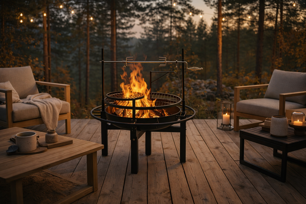 Multifunktionell utomhuseldstad 86 x 86 cm – 60 cm eldstad, 2 grillgaller, grillspett