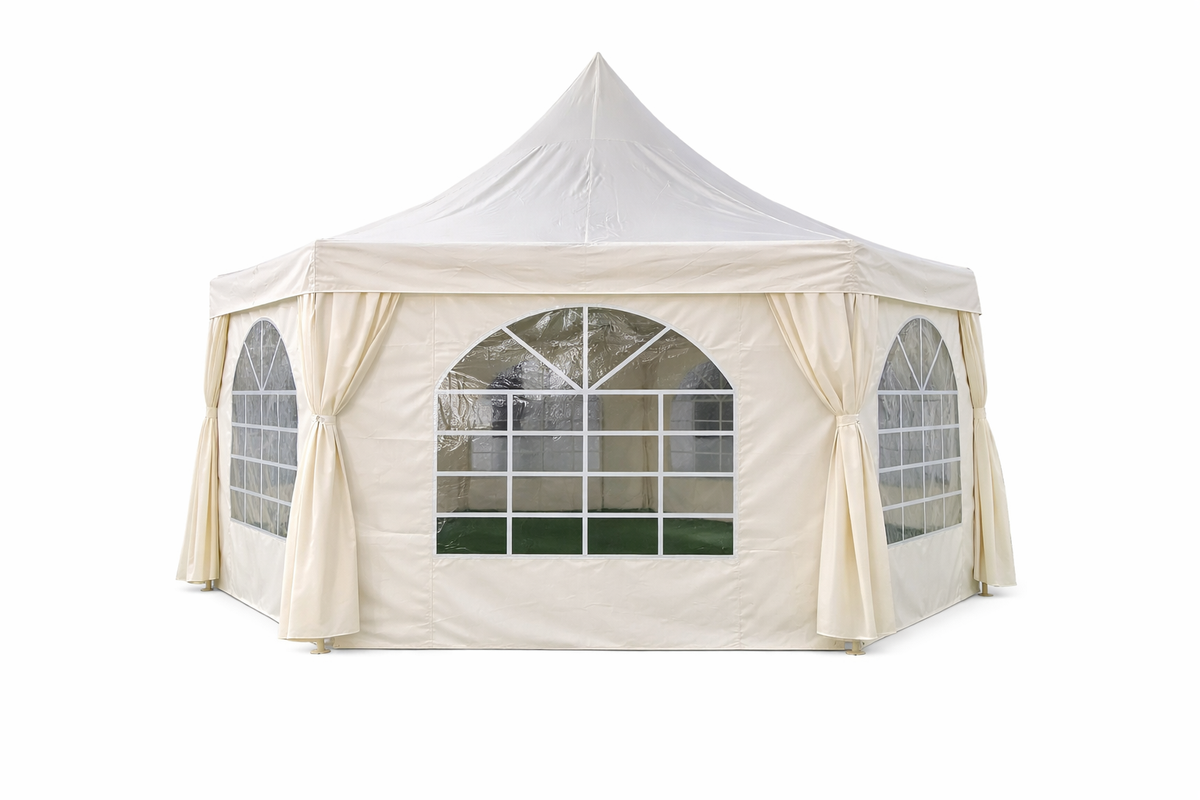 Pagoda festtält 4,4 x 6 m – 240 g/m² tyg, PVC-fönster, vitt