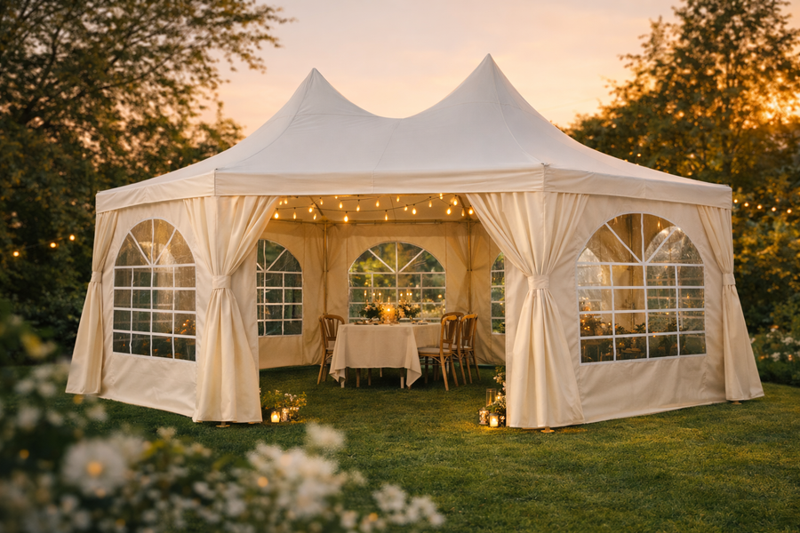 Pagoda juhlateltta 4,4 x 6 m – 240 g/m² kangas, PVC-ikkunat, valkoinen