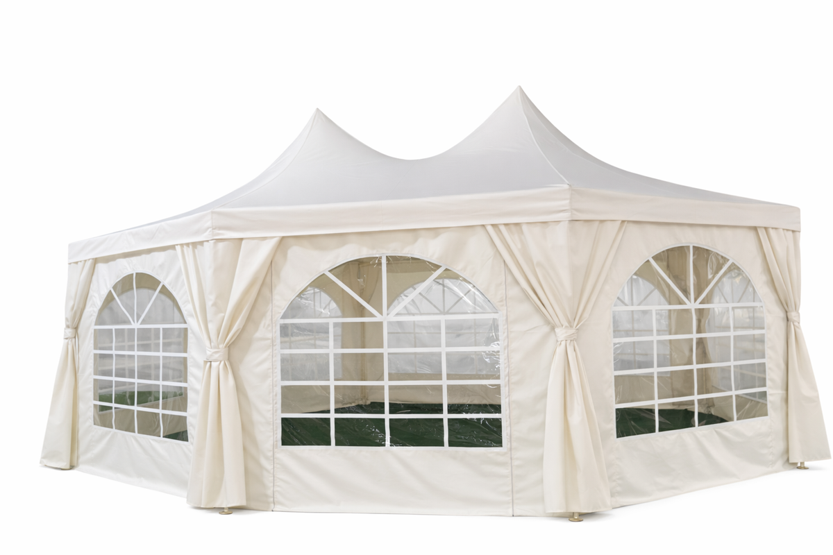 Pagoda festtält 4,4 x 6 m – 240 g/m² tyg, PVC-fönster, vitt