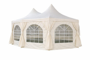 Pagoda juhlateltta 5 x 6,8 m – 240 g/m² kangas, PVC-ikkunat, valkoinen
