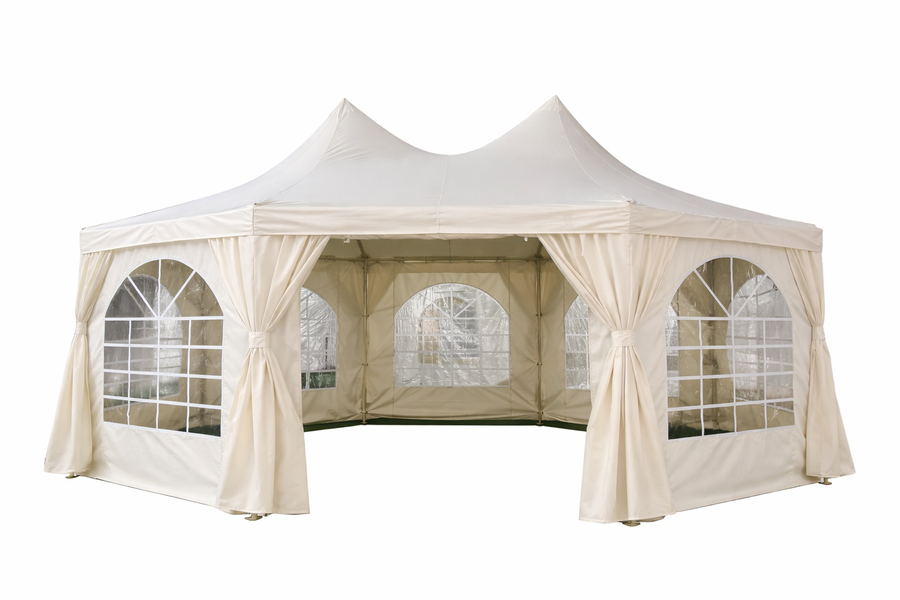 Pagoda juhlateltta 4,4 x 6 m – 240 g/m² kangas, PVC-ikkunat, valkoinen