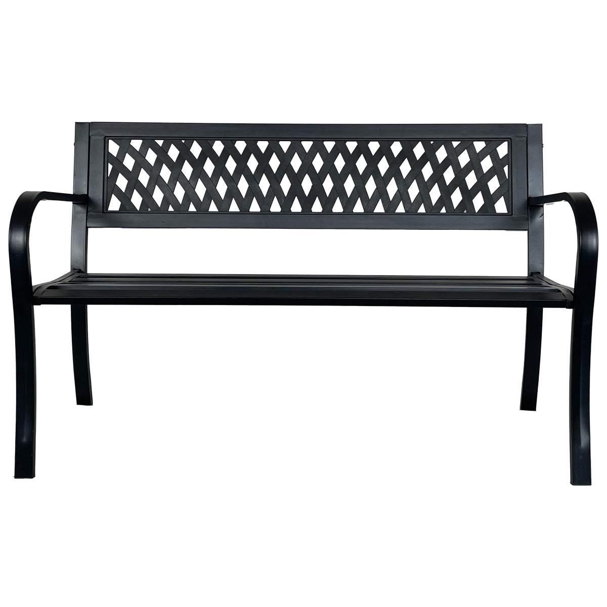 Puutarhapenkki 120 x 53 x 77 cm – teräsrunko, muoviselkänoja, musta