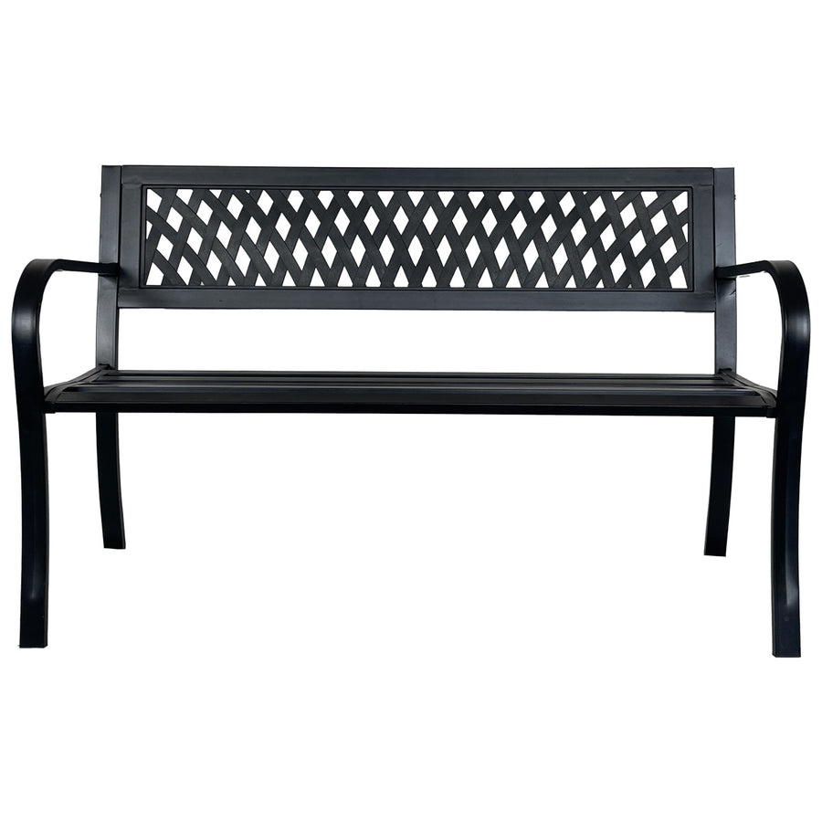 Puutarhapenkki 120 x 53 x 77 cm – teräsrunko, muoviselkänoja, musta