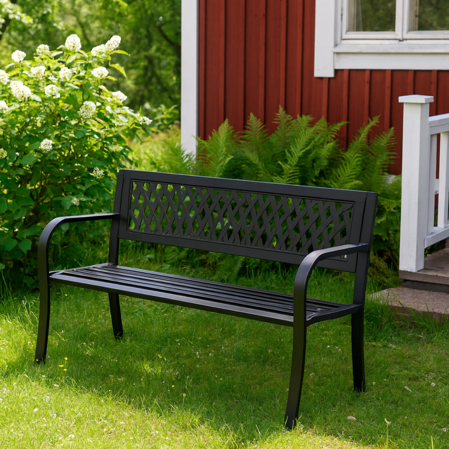 Puutarhapenkki 120 x 53 x 77 cm – teräsrunko, muoviselkänoja, musta