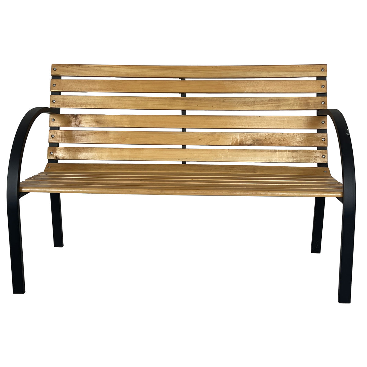 Puutarhapenkki 120 x 58 x 83 cm – lakattu luonnonpuu, pulverimaalattu teräsrunko