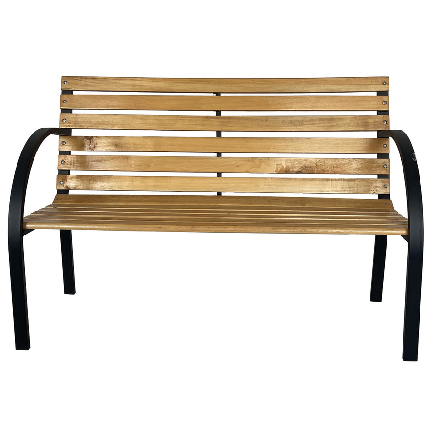 Puutarhapenkki 120 x 58 x 83 cm – lakattu luonnonpuu, pulverimaalattu teräsrunko