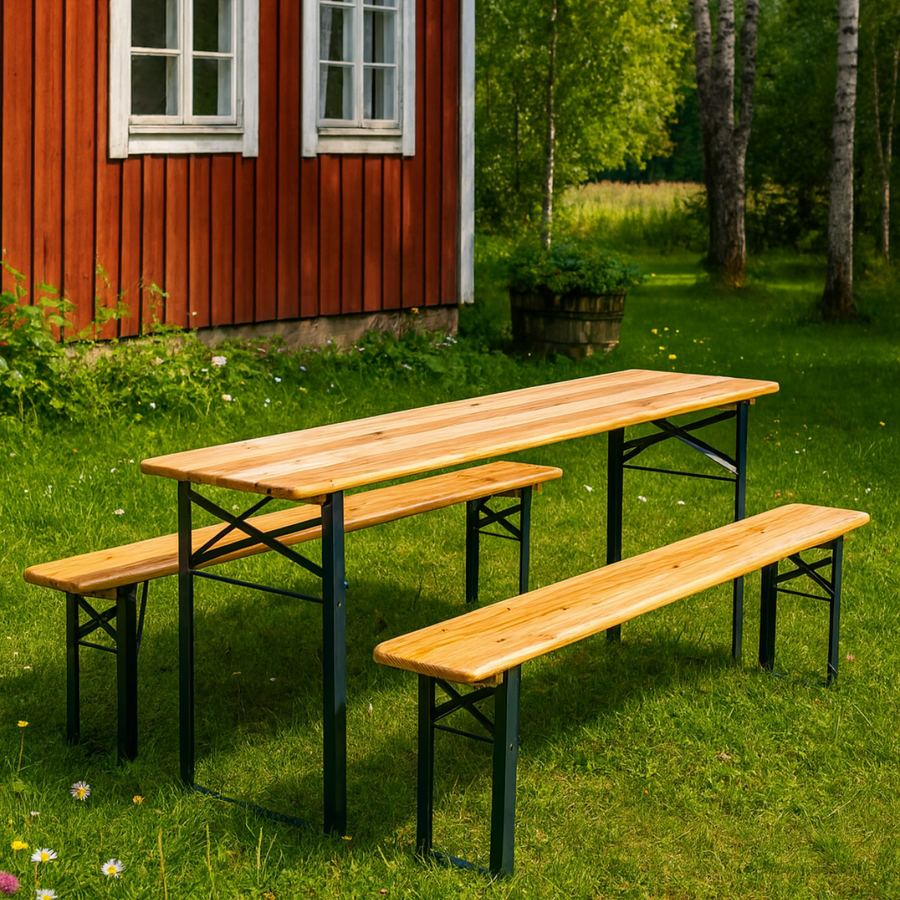Puutarhapöytäsetti 220 cm – pöytä ja 2 penkkiä, kuusipuu, teräsrunko