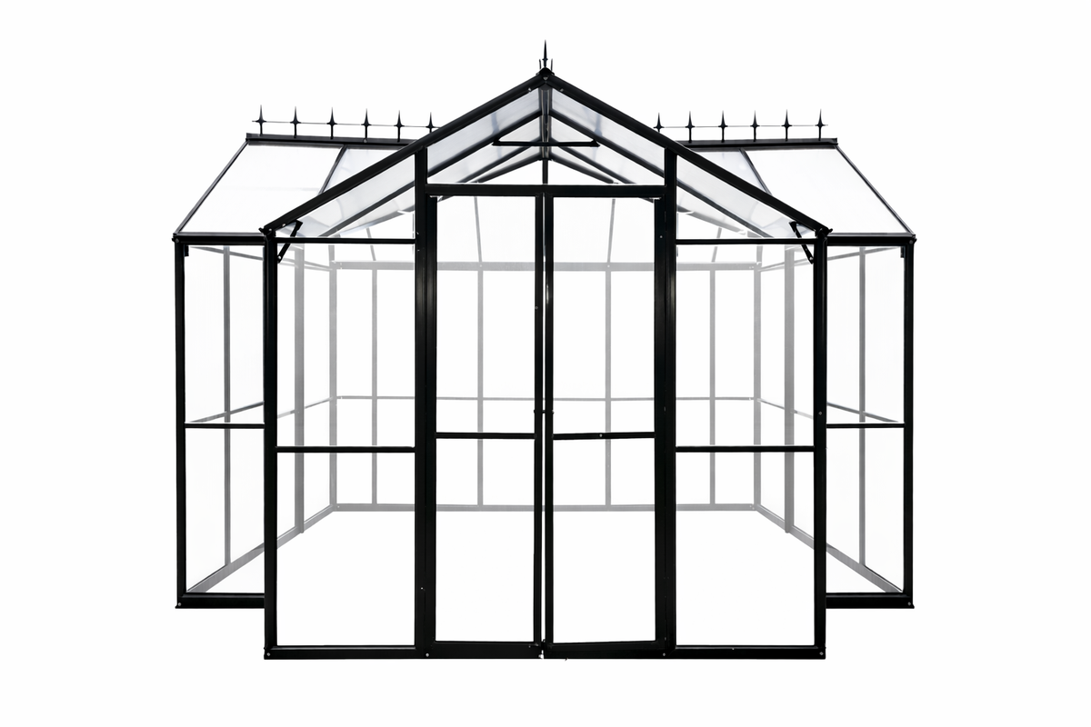 T-muotoinen kasvihuonepaviljonki 369 x 305 cm – 2 kaksoisovea, 2 ikkunaa, musta