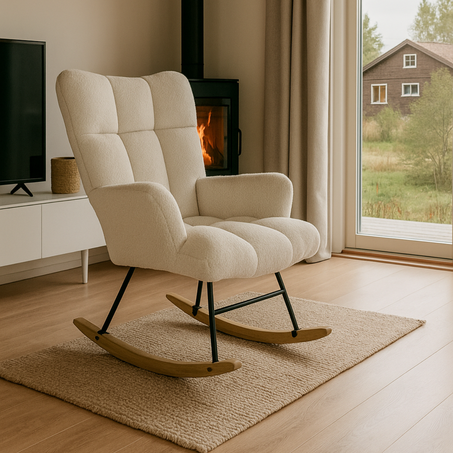 Keinutuoli 67 x 97 x 89 cm – pehmustettu, puu- ja teräsjalat, valkoinen