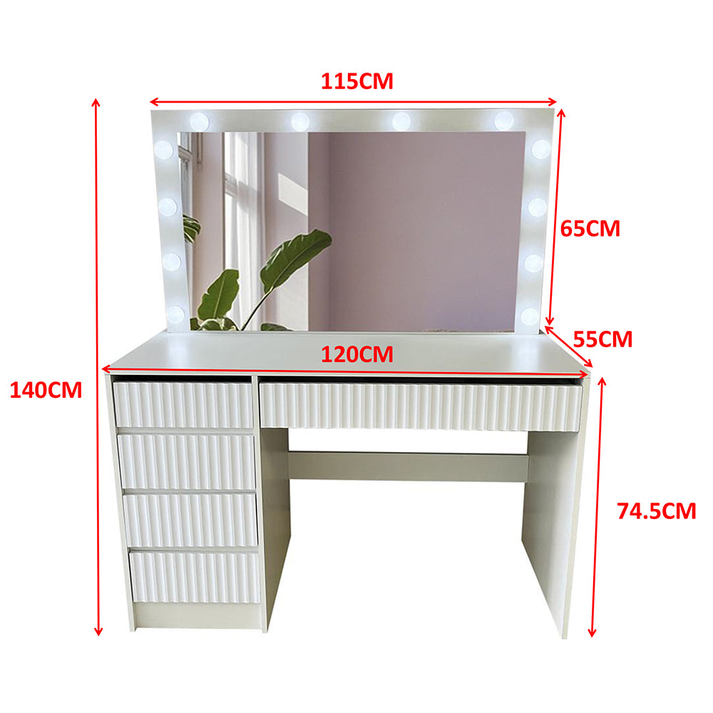 Pohjola Indoor AURORA, stort sminkbord med belysning och lådor, 120 x 55 x 75 cm, vitt