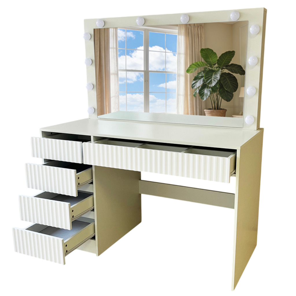 Pohjola Indoor AURORA, stort sminkbord med belysning och lådor, 120 x 55 x 75 cm, vitt
