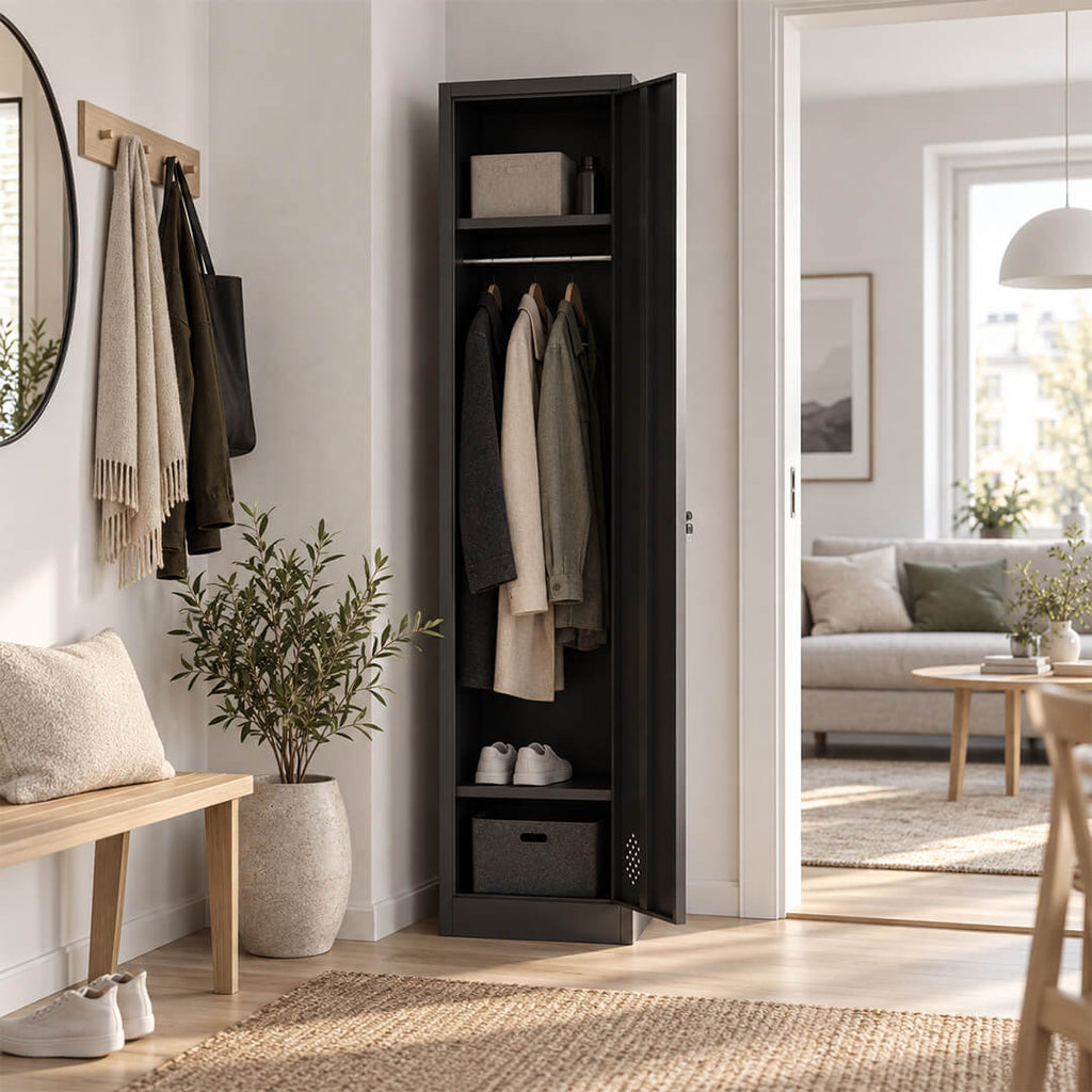 Metallinen vaatekaappi 180 cm, 1-ovinen ja lukittava – musta