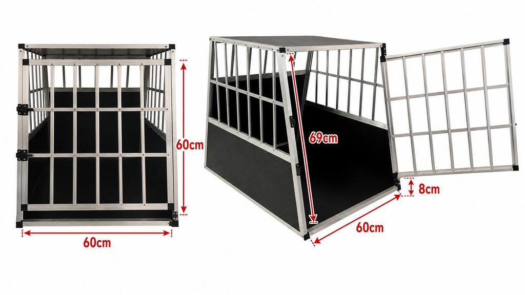 Transportbur för hund till bil 66 x 90 x 72 cm – aluminiumram, MDF-botten, 75° vinklar