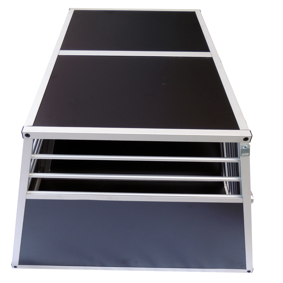 Hundbur för bil 97 x 92 x 66 cm – aluminiumram, MDF-botten, 75° vinklar