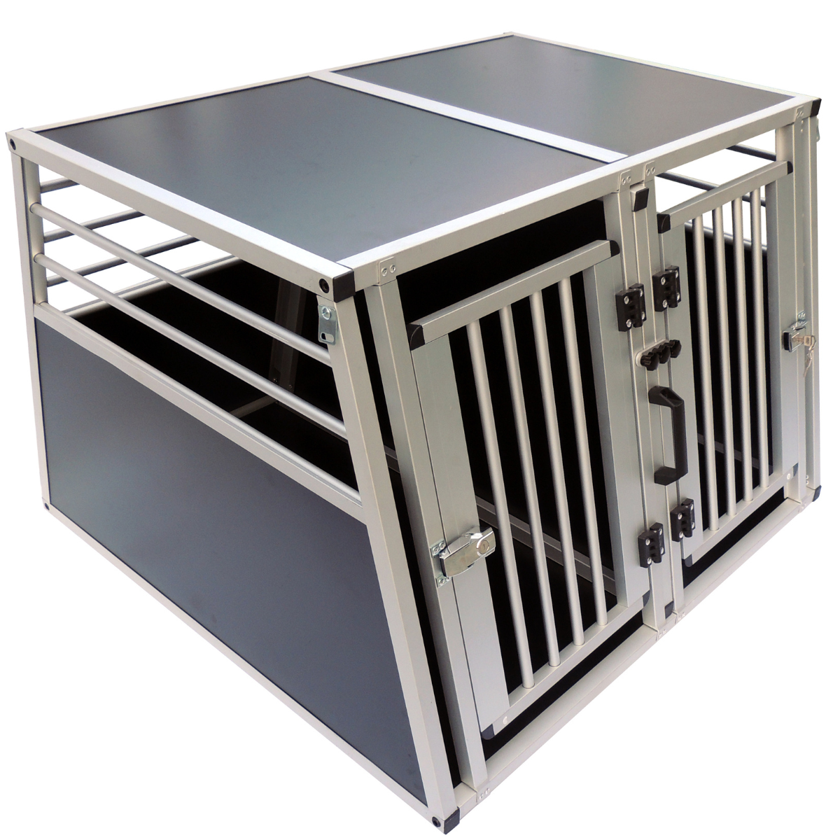 Hundbur för bil 97 x 92 x 66 cm – aluminiumram, MDF-botten, 75° vinklar