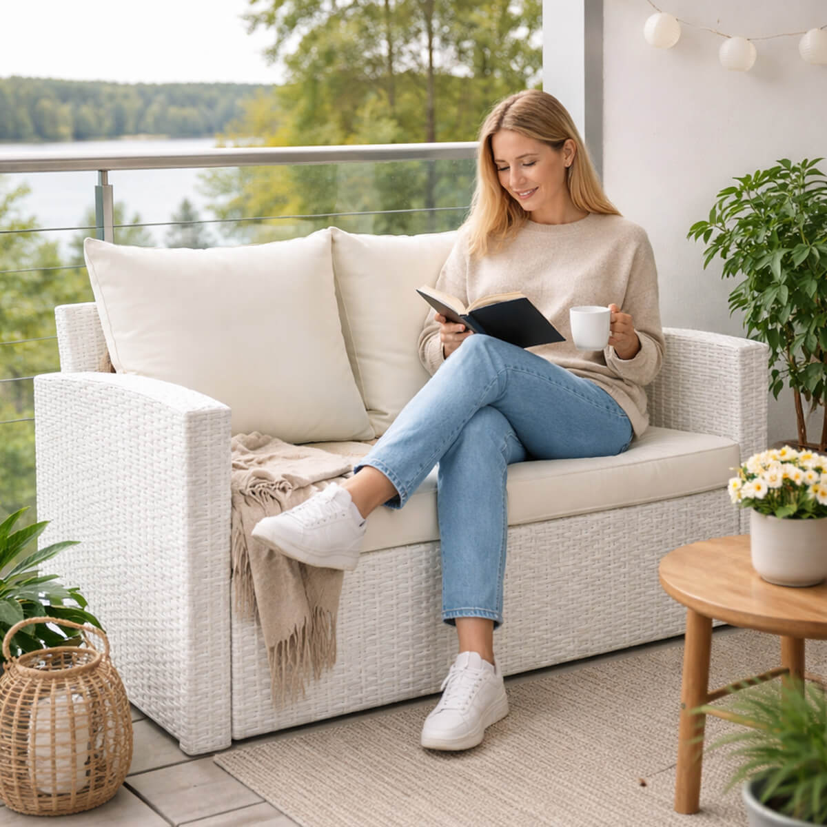 Lund & Leaf 2-sitsig soffa i konstrotting 120 cm EMMI, vit/beige
