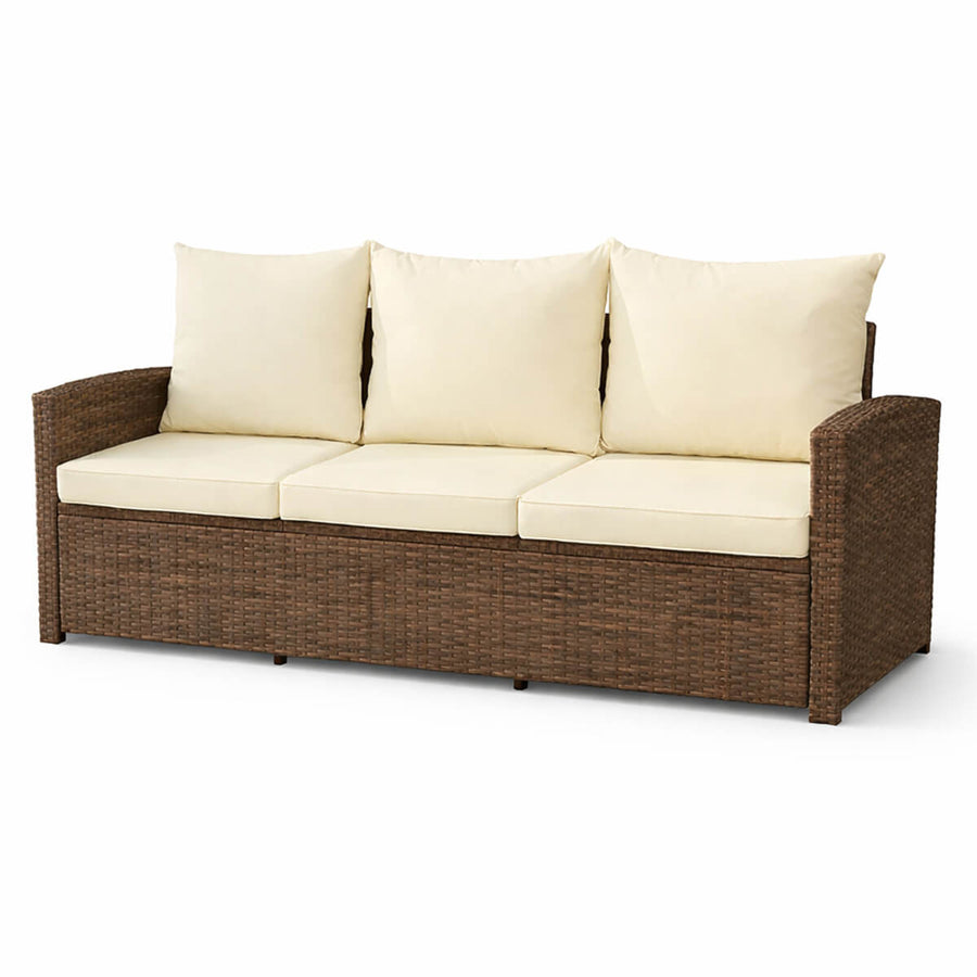 3-sitsig soffa i polyrotting – 175 x 60 x 74 cm, stålram, brun/beige