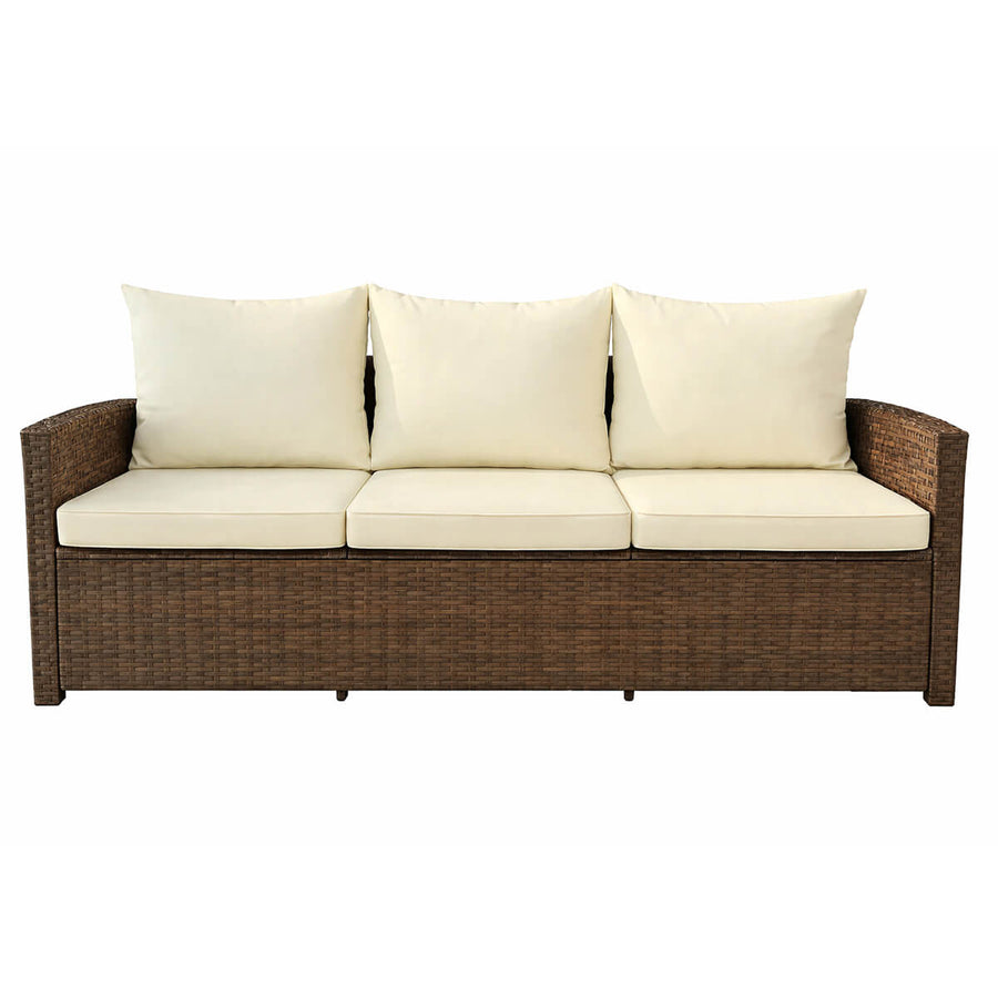3-sitsig soffa i polyrotting – 175 x 60 x 74 cm, stålram, brun/beige
