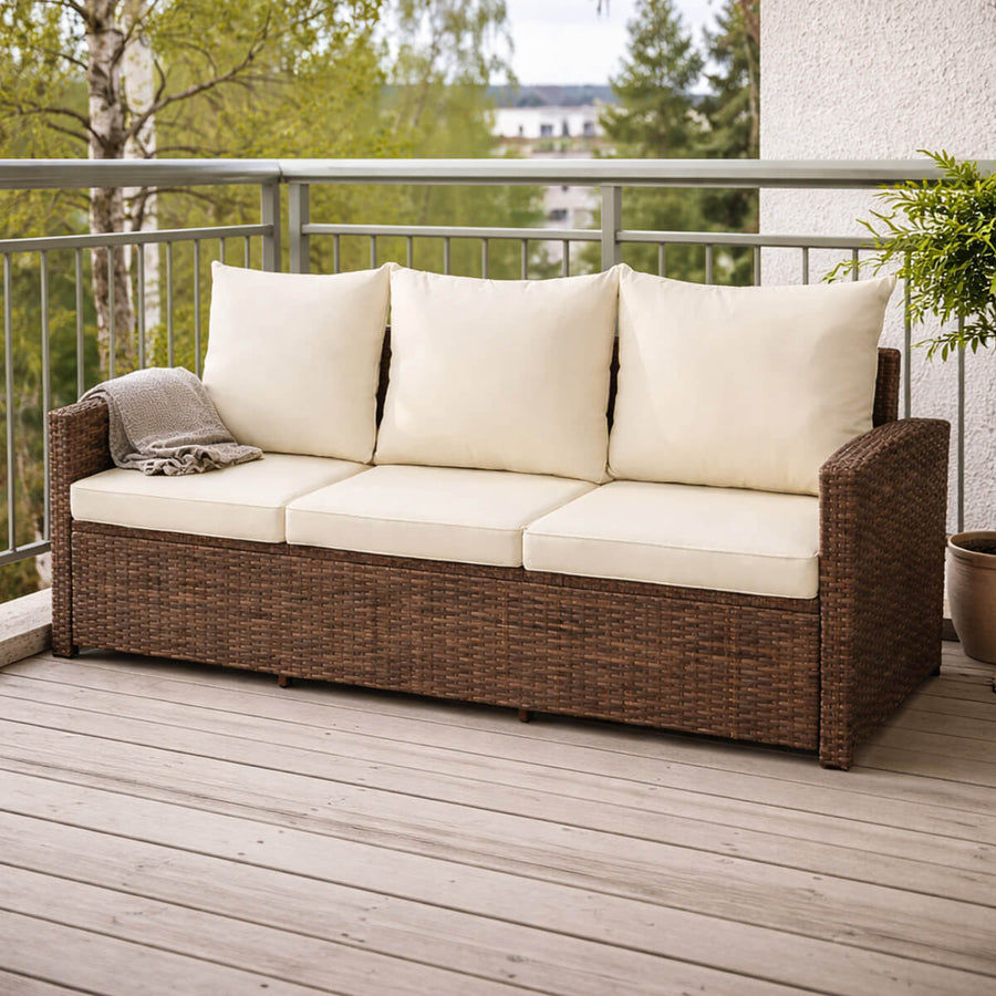 3-sitsig soffa i polyrotting – 175 x 60 x 74 cm, stålram, brun/beige