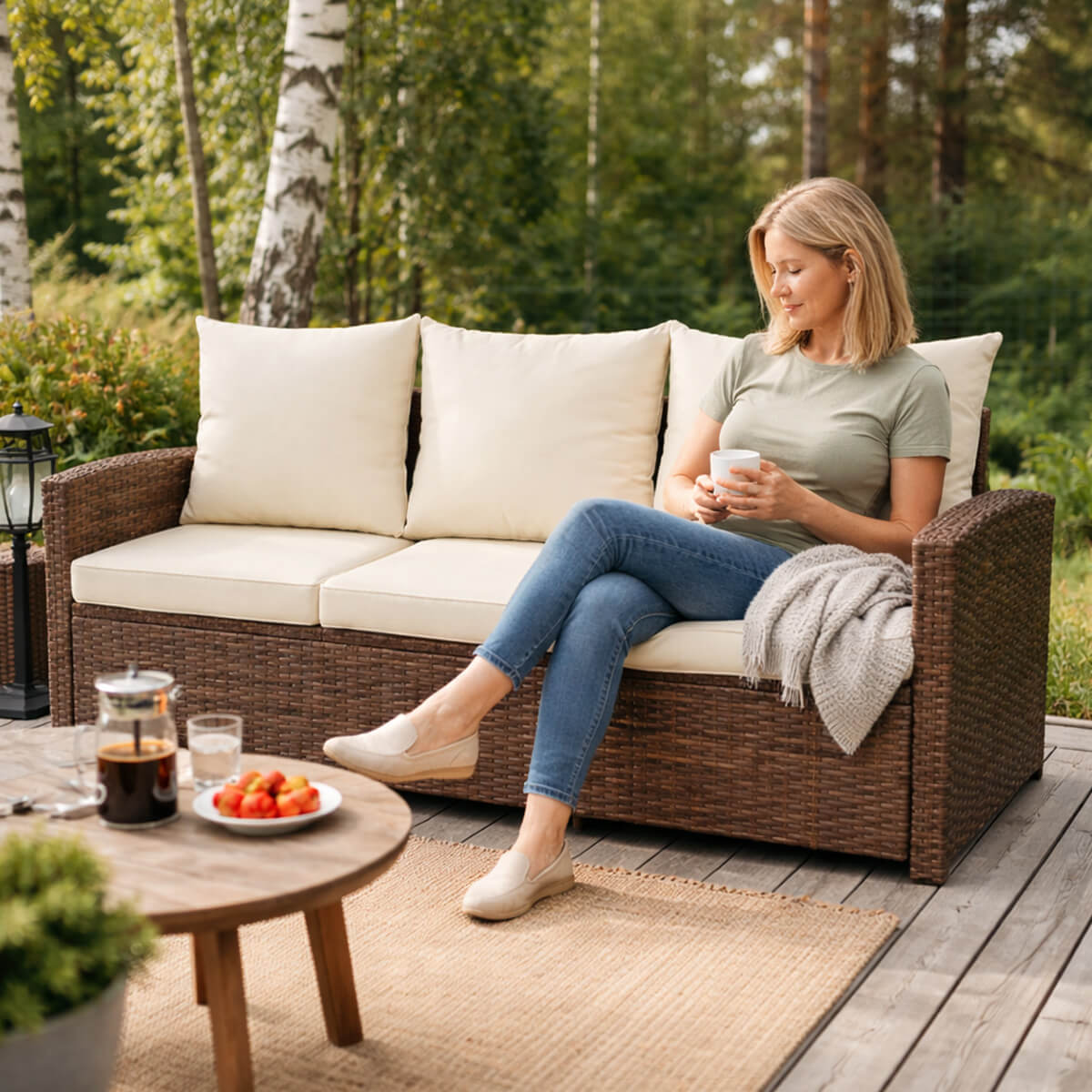 Polyrottinkisohva 3-istuttava – 175 x 60 x 74 cm, teräsrunko, ruskea/beige