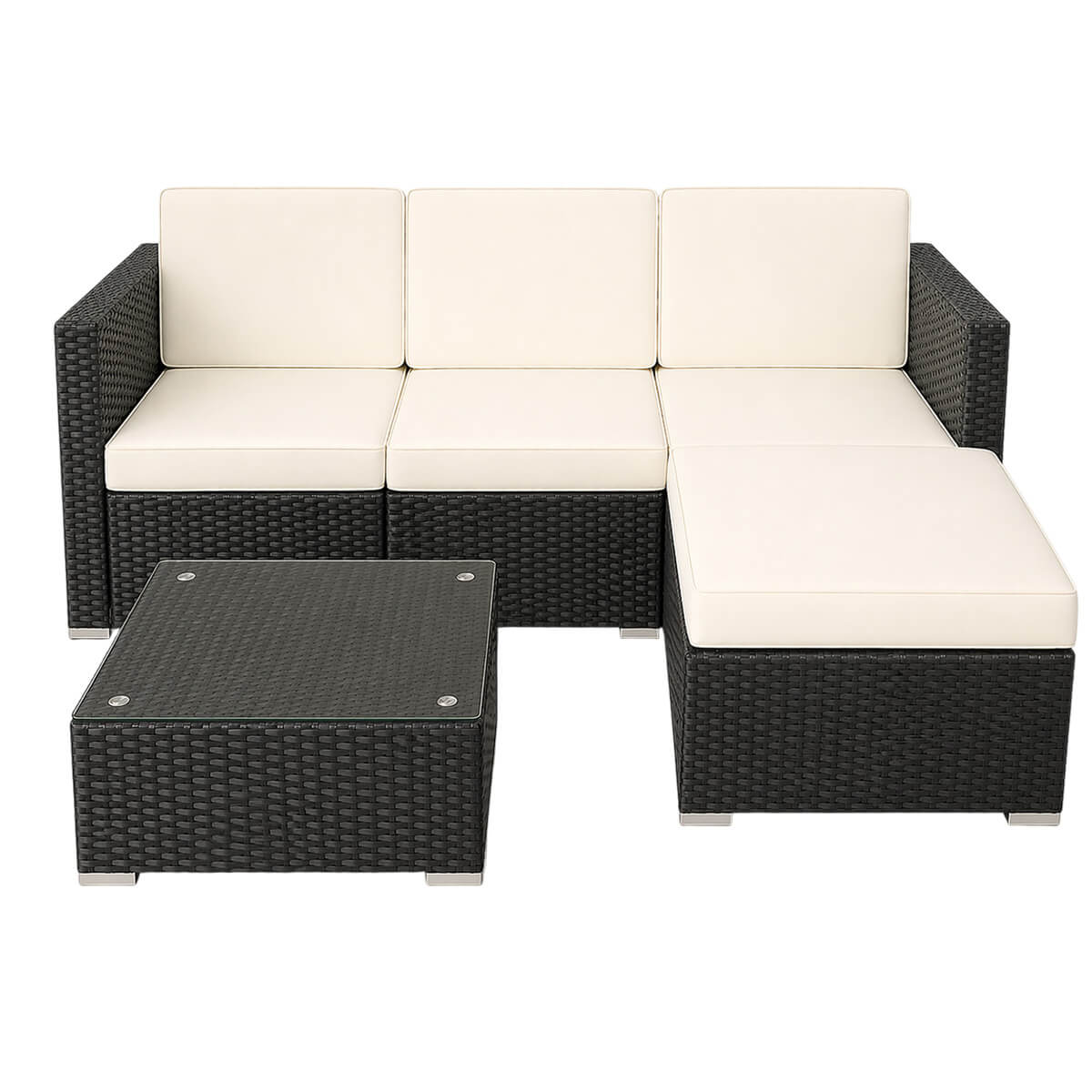 Polyrottinki soffgrupp – 8 cm stoppning, glasbord, stålram, svart/beige
